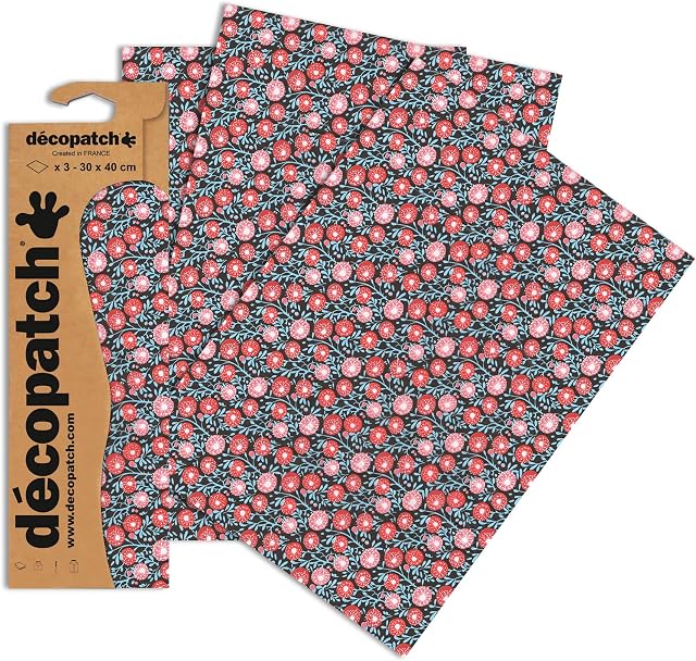 Décopatch - Ref C657O - Dandelions Pattern Paper Pack - Each Sheet 30 x 40cm, Pack of 3 Paper Sheets - Best Used With Décopach Glue & Varnish, Red & Blue
