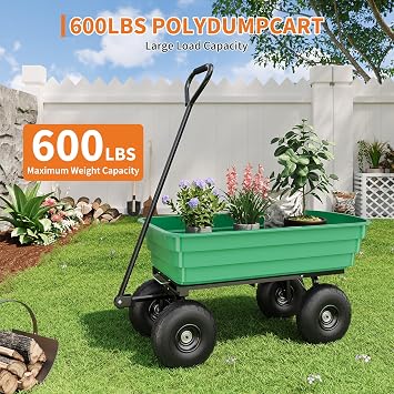 4 Cu.Ft. 600Lbs Garden Cart Dump Wagon, Heavy-Duty 4 Wheel Wheelbarrow Yard Cart with 10-Inch All-Terrain Wheels, Features A Quick-Release Tipping Function, for Courtyards, Farm and Gardening