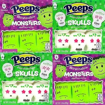 Halloween Skull and Monsters Marshmallow Candy Fun Shaped Marshmallows, Green Frankenstein Monster Candies and White Sugar Skulls, 6 Count, Pack of 4