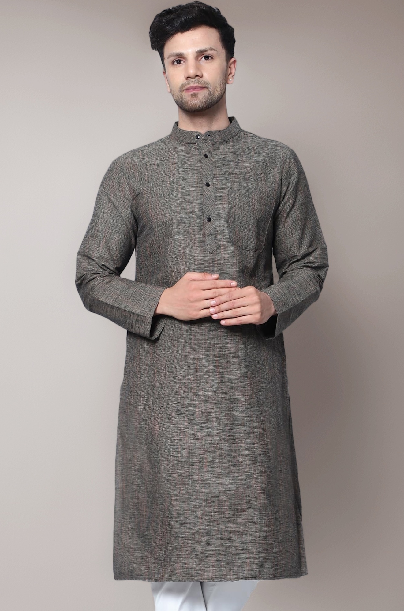 LATEST CHIKAN Men's Cotton Regular Textured Long Kurta Full Sleeves - Casual Ethnic Wear