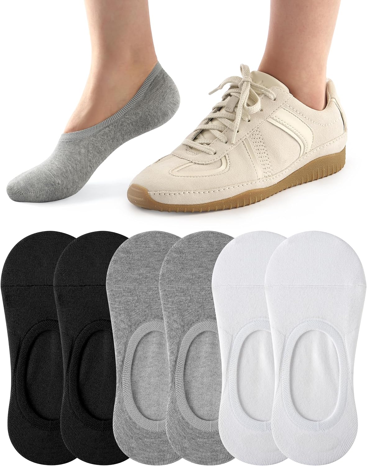 Sofier No Show Socks Womens Non Slip — Low Cut Cotton Invisible Footies for Flats, Sneakers, Loafers 6 Pairs