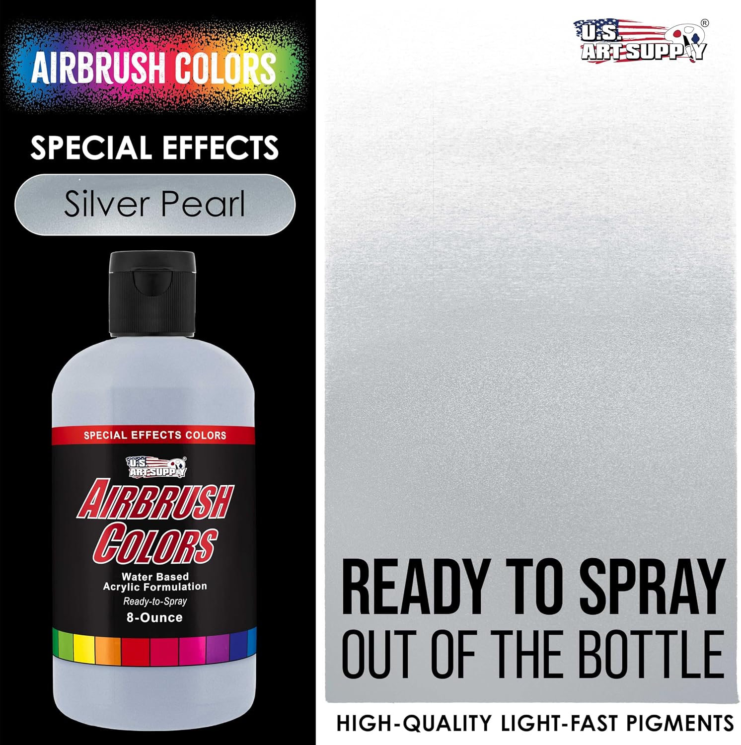 U.S. Art Supply Pearlized Silver Pearl Acrylic Special Effects Airbrush Paint - 8oz Ready to Spray Air Brush Paint for Nails, Models, Fabric - Water-Based Air Brush Painting