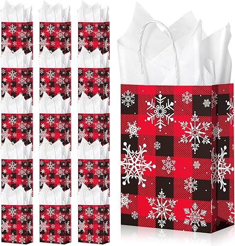 Paquete de 16 bolsas de regalo de Navidad con diseño de copo de nieve para fiestas, bolsas de regalo de búfalo rojo y negro con tejido blanco, bolsa