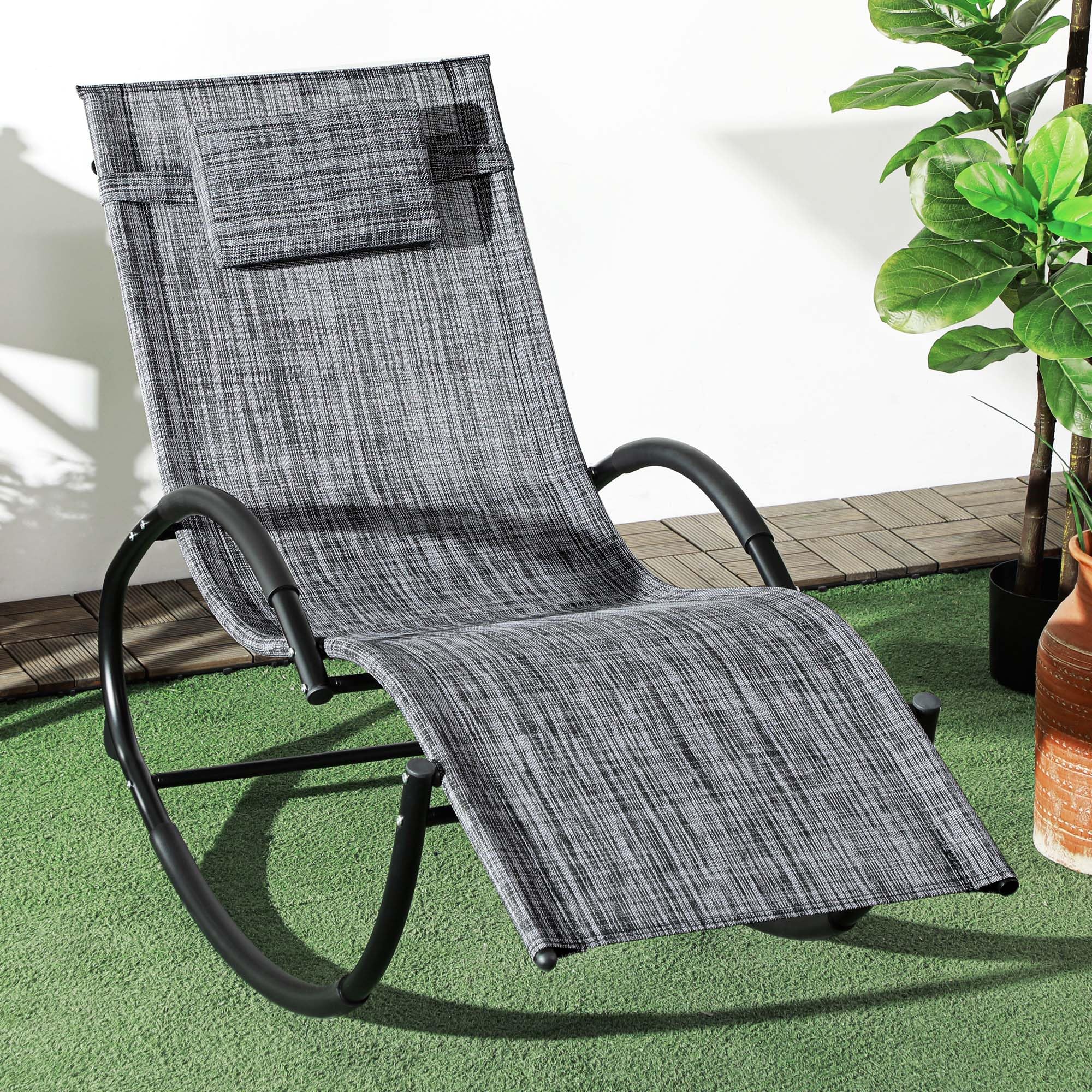 Outsunny Sdraio a Dondolo Zero-Gravity da Giardino, Lettino Prendisole Impermeabile con Poggiatesta, 155 x 61 x 88 cm, Grigio