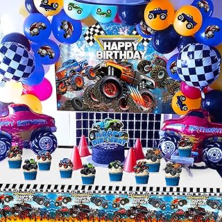 63 PCS Monster Trucks Backdrop Monster Trucks Birthday Banner Monster Trucks Balloons Monster Trucks Birthday Decoration Monster Trucks Party Supplies