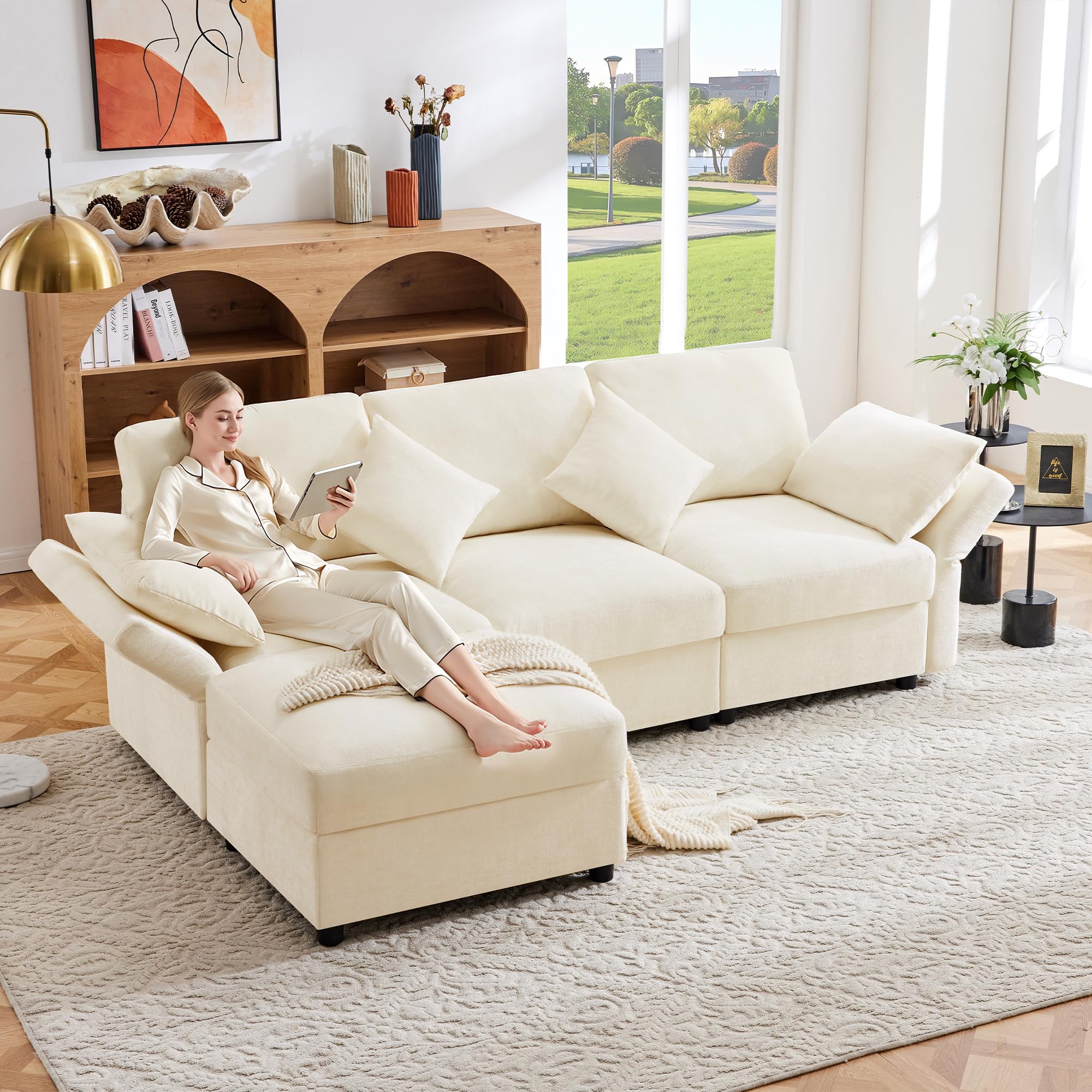 Soweiz Sofá esquinero en forma de L con reposapiés, convertible de 3 plazas, 4 cojines, reposabrazos ajustables, tela de chenilla para salón, oficina o apartamento, 218 x 156,5 x 86 cm, color beige