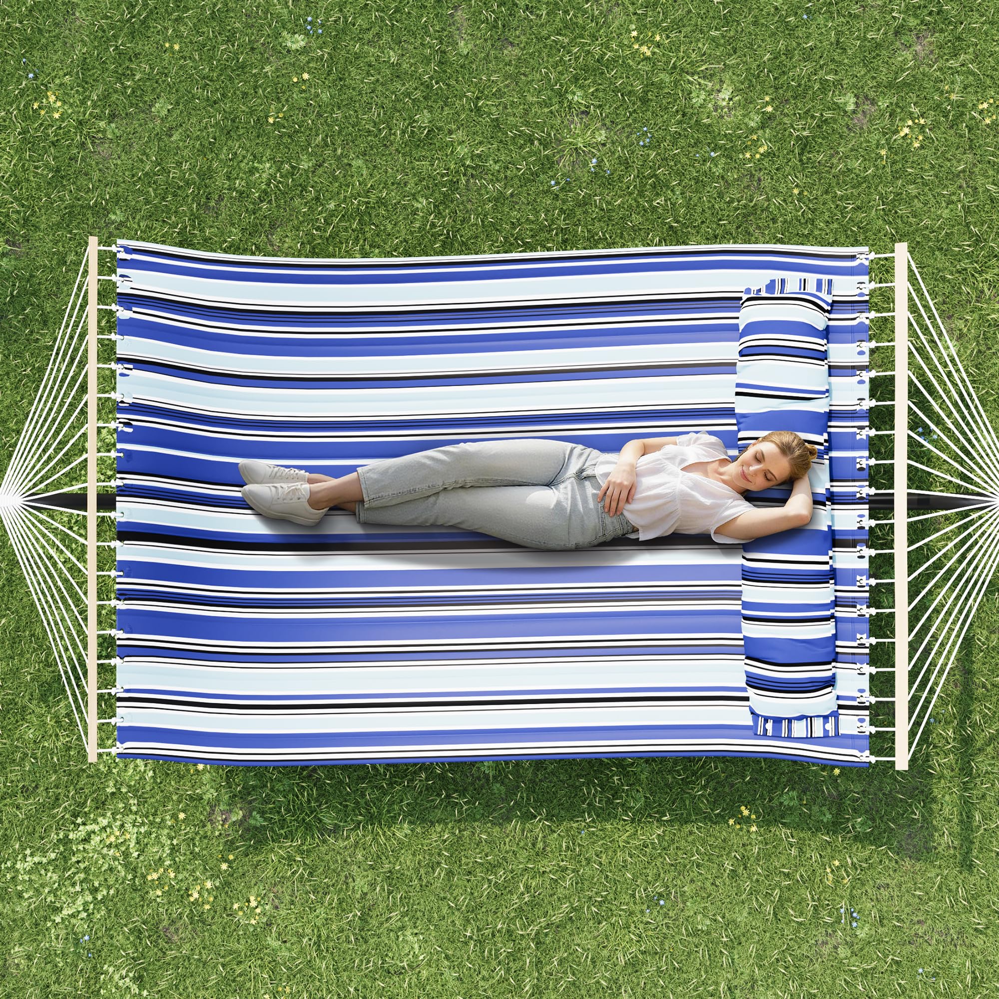 Amaca doppia extra larga con supporto in metallo robusto – Capacità 450-475 kg – Tessuto blu, cuscino morbido e borsa trasporto – Per giardino, patio e interno/esterno – Variante: extra larga