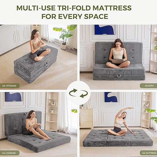 Miniatura 4 de MAXYOYO Colchón plegable con asas, sofá cama de tres pliegues de 6 pulgadas, cama plegable de piel sintética suave con relleno de espuma de apoyo,