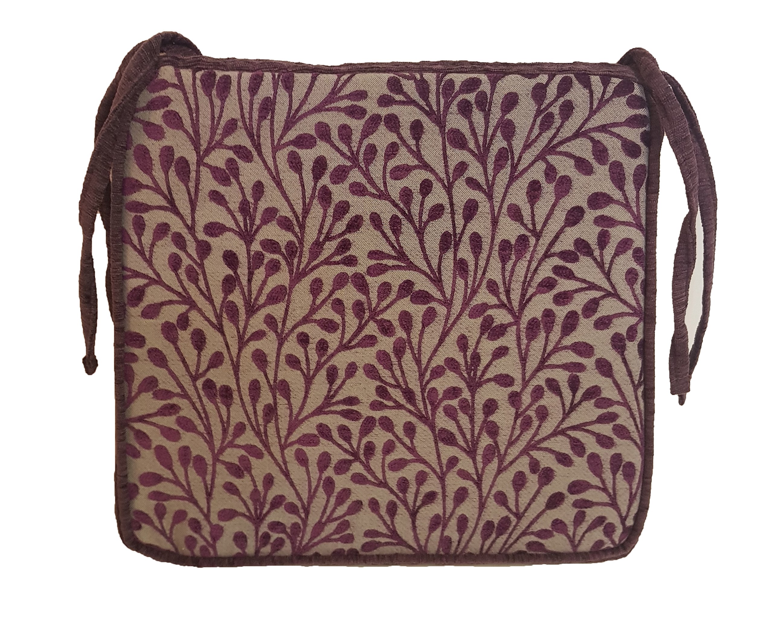 Homestreet Luxury Square Seat Pad in Patterned fabric, Pimlico pattern thick chenille devoré design made in the UK from (Aubergine)