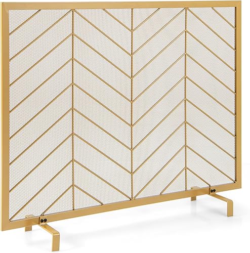 COSTWAY Pantalla de chimenea de un solo panel, 38.5 x 31 pulgadas, hecha a mano, malla de hierro forjado, protector contra chispas de fuego con