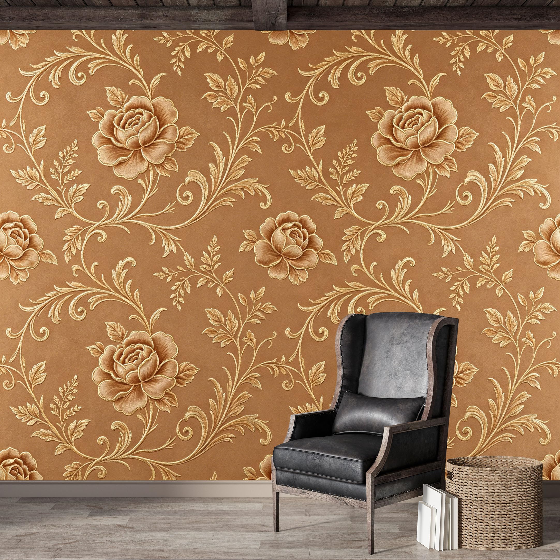 Custom Size Wall Mural,Golden Floral Baroque European Classic Embossed Textured Premium Water Activated SelfAdhesive Wallpaper,Removable Wall Covering for Indoor Home Decor