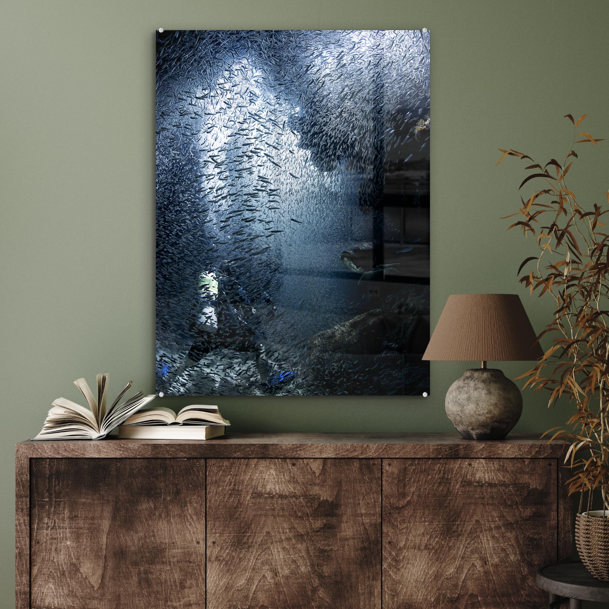 MuchoWow Glasbild Glasfoto Wandbild Bilder Deko 60x80 cm Taucher wird in den Höhlen vor Grand Cayman von Fischen überflutet