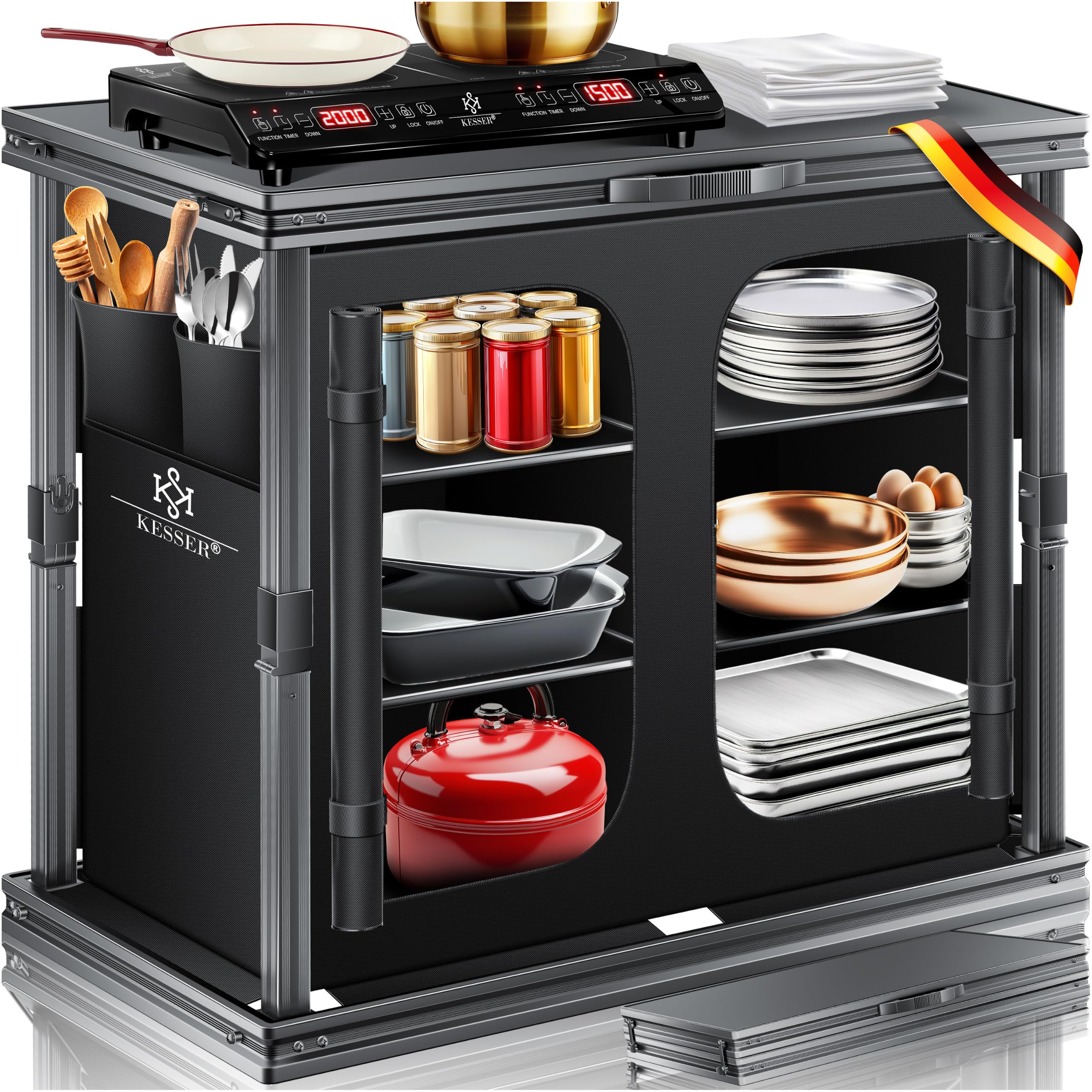 KESSER Mobiletto da campeggio pieghevole in alluminio 84x80 cm 6 scomparti zanzariera UV