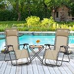 Yaheetech 3PCS Zero Gravity Recliner Portable Outdoor Reclining Chair Set w/Side Table Folding Chaise Lounge Chairs for Patio Beach Deck Garden Pool Beige