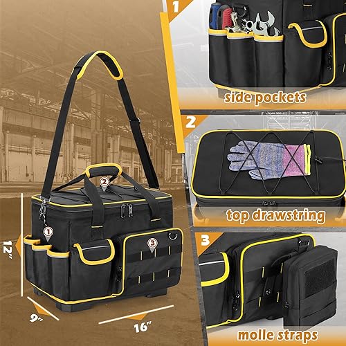 Miniatura 5 de Bolsa de herramientas de 16 pulgadas con parte inferior dura y un divisor desmontable, bolsa de herramientas resistente con múltiples bolsillos,