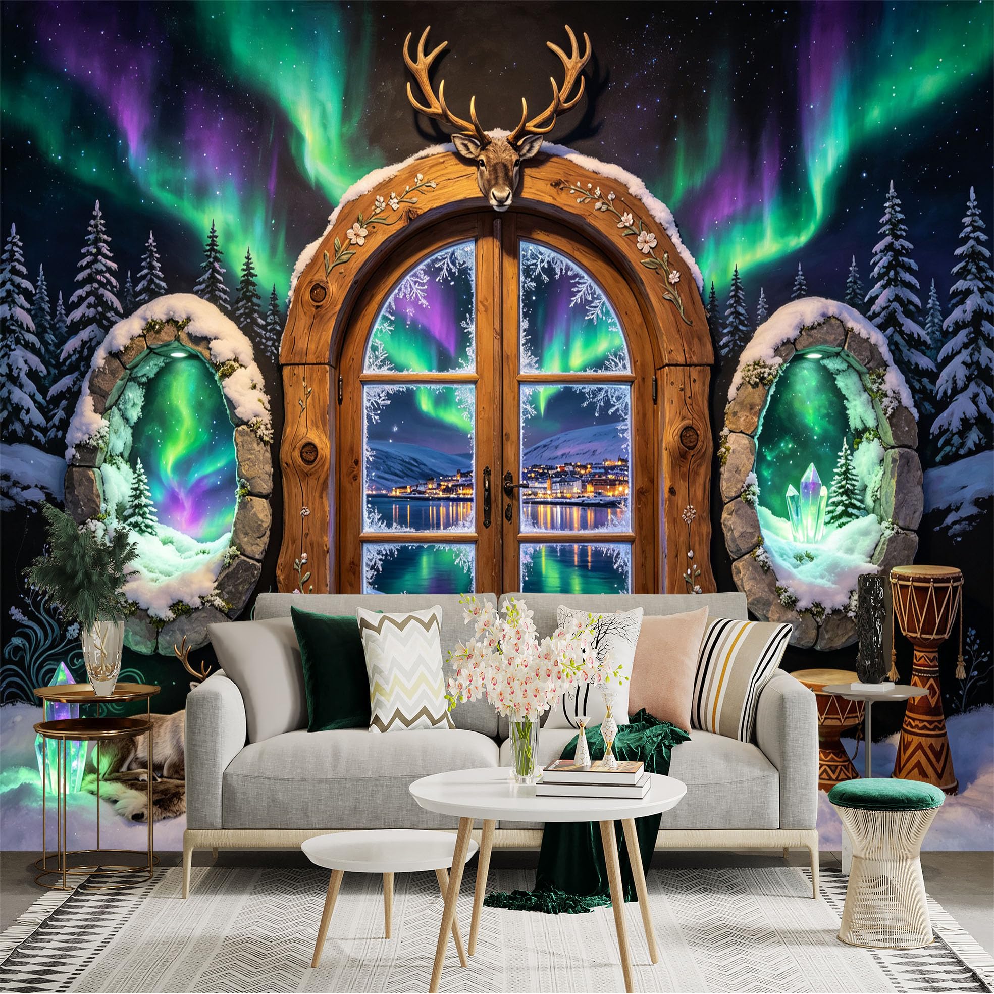 Custom Size Wall Sticker Mural， Northern Lights Snowy Window Deer Fantasy Scene， for wall Decoration， peelandstick wall Decals.