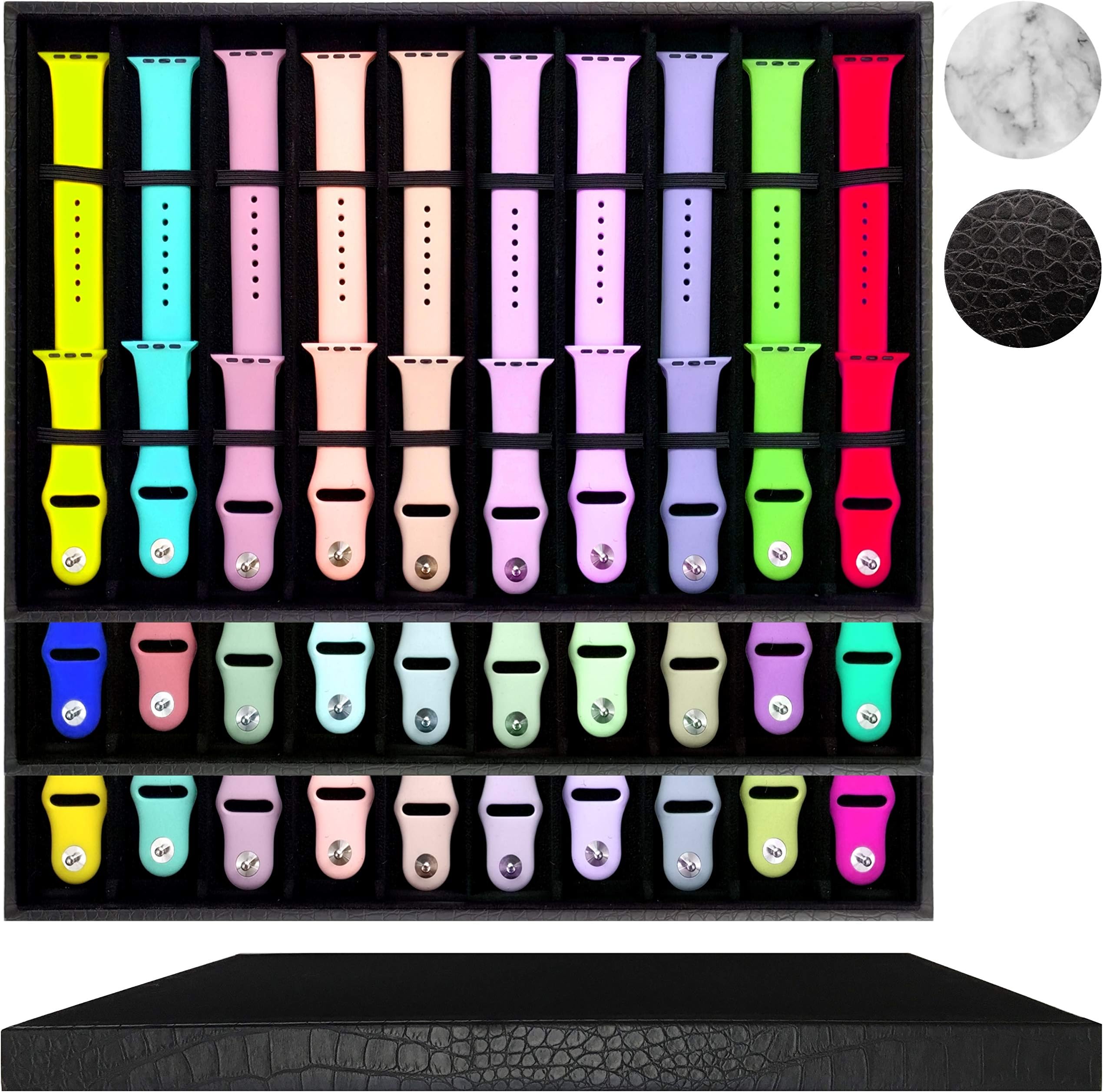 Zero Mass Stackable Luxurious Storage Case Organizer for Apple Watch Bands, Stores 10-20 Smartwatch Straps (Black Snakeskin)