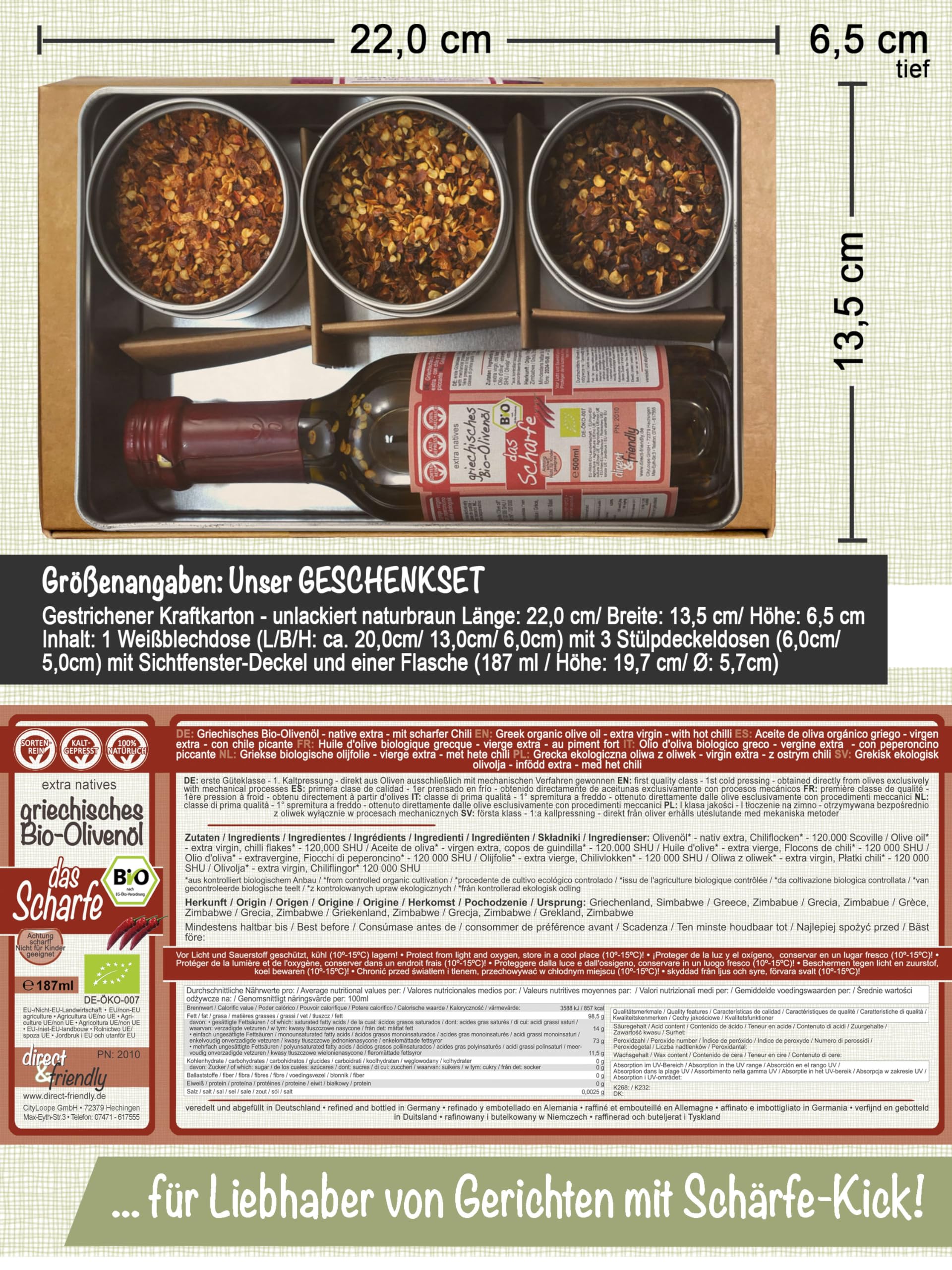 Bio Chili-Olivenöl extra scharf & Chiliflocken 3 Schärfegrade Geschenkset