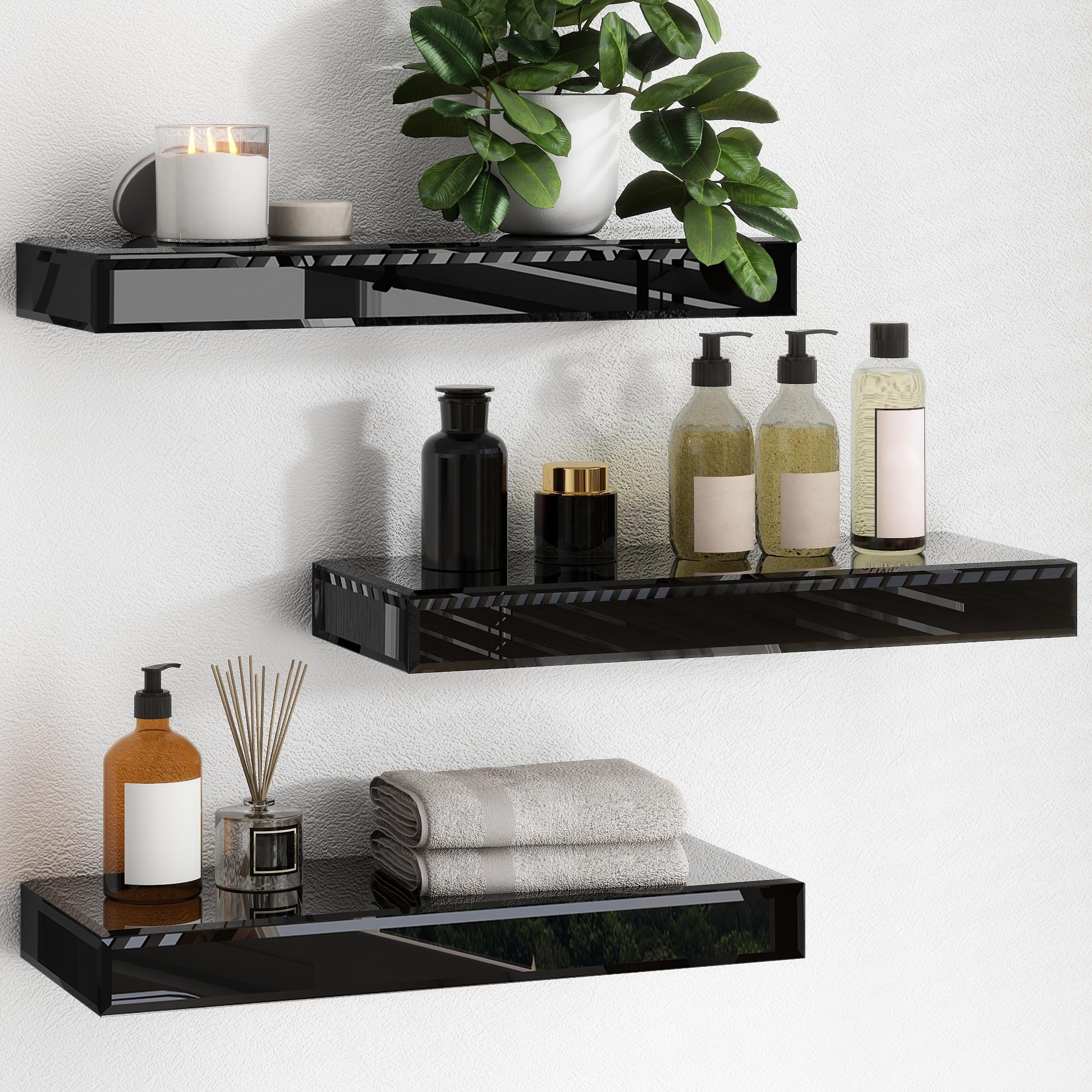 SHYFOY Black Glass Floating Shelves for Wall, 15 x 5.5 Inch Modern Black Wall Shelves for Bathroom, Living Room, Bedroom and Kitchen, Set of 3