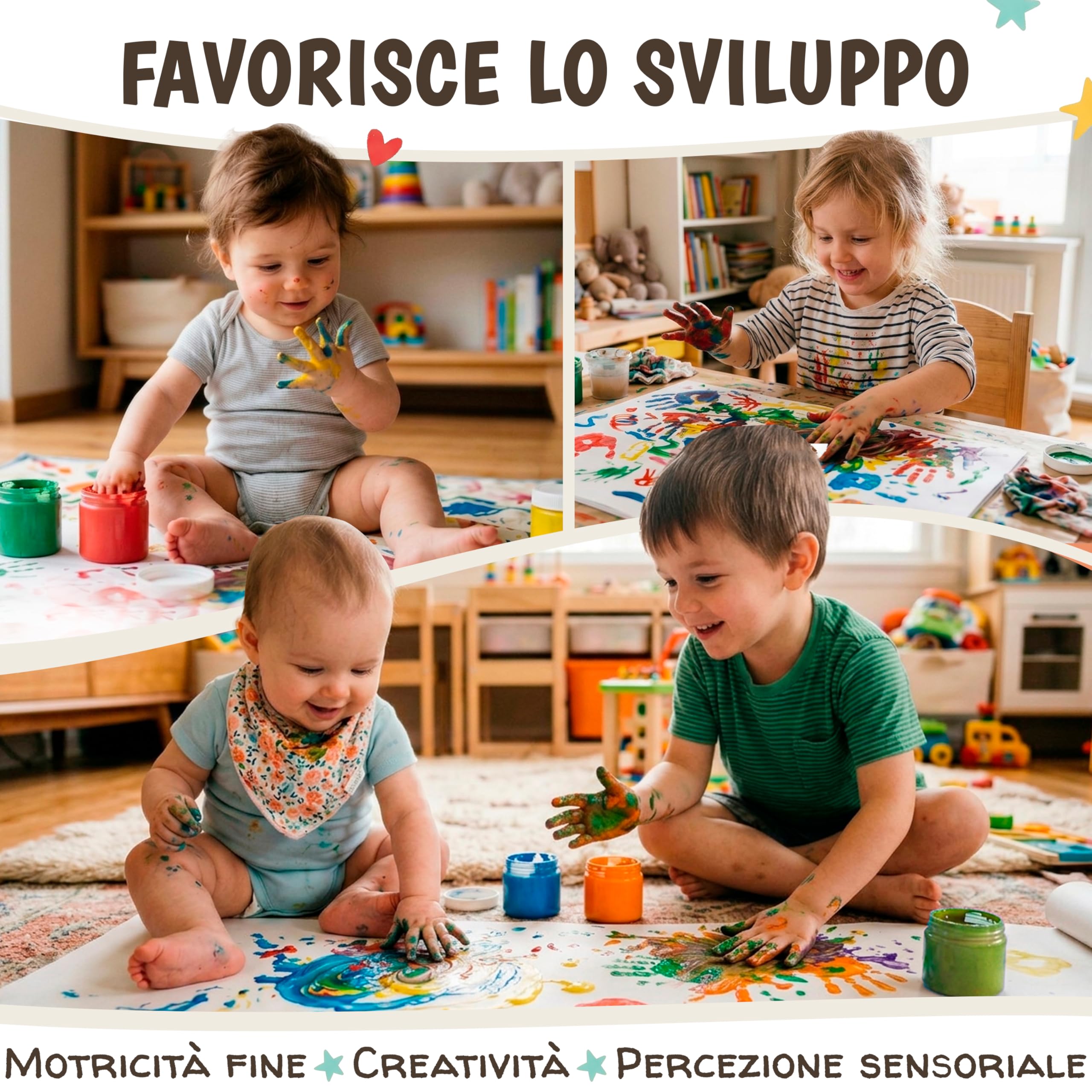 Colori a Dita per Bambini Atossici Lavabili 6x60ml – Set Pittura Bambina da 1 Anno | Pittura Dita, Mani, Piedi | Colori per Impronte Neonati | Tempere Lavabili per Bambini Multi Superficie