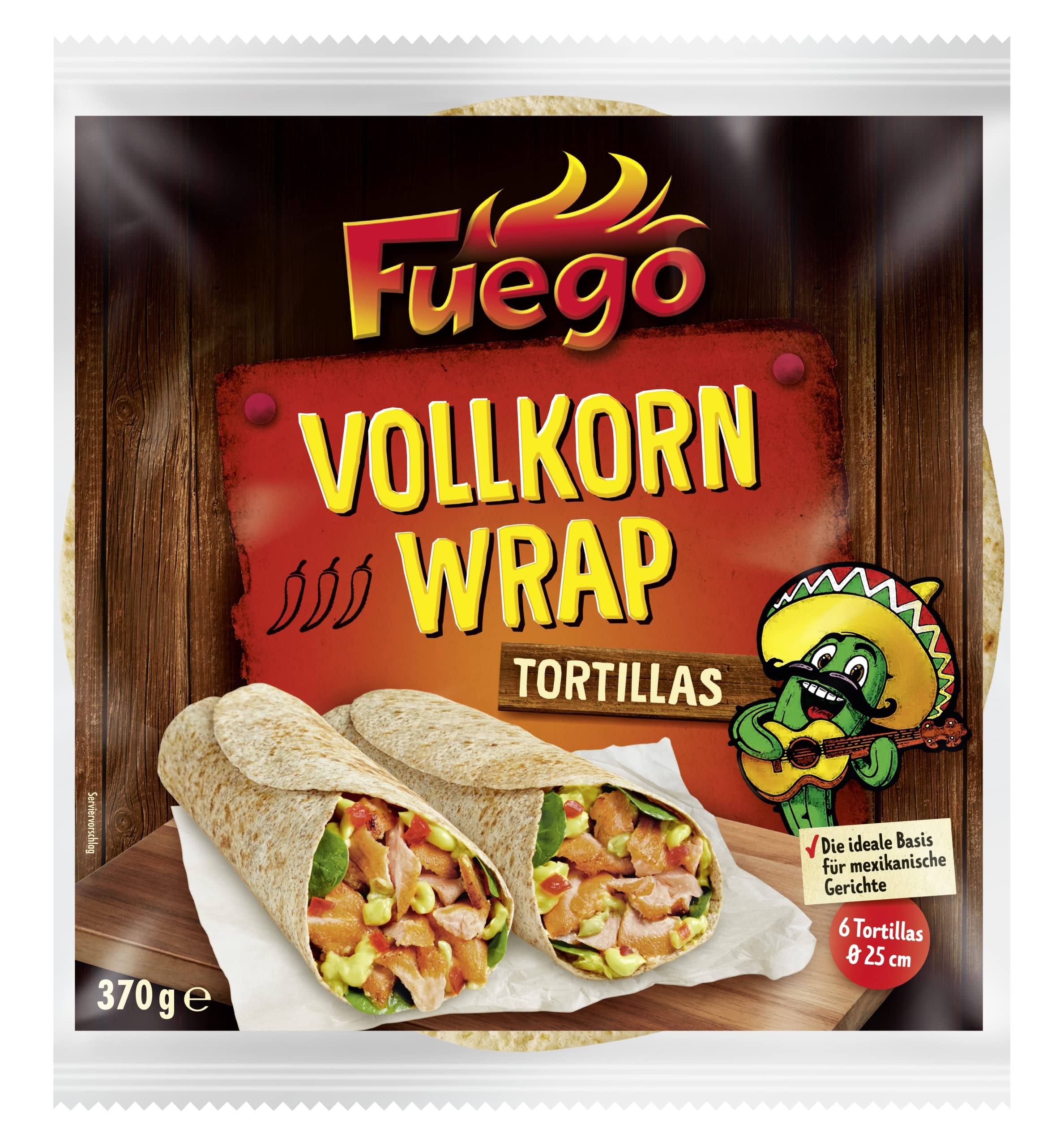Fuego - Vollkorn Tortilla-Wraps | 6 Wraps à 25 cm Durchmeser | Perfekte Basis für mexikanische Gerichte | 1 x 370 g