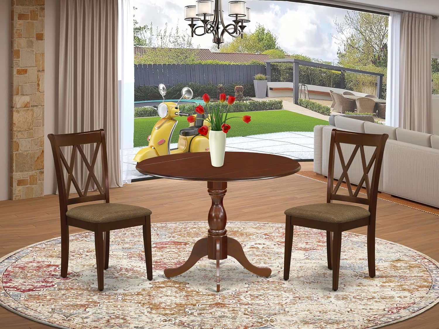East West Furniture DMDA3-MAH-C 3 Piece Kitchen Table Set for Small Spaces Contains a Round Dining Room Table with Dropleaf and 2 Linen Fabric Upholstered Chairs, 42x42 Inch, Mahogany
