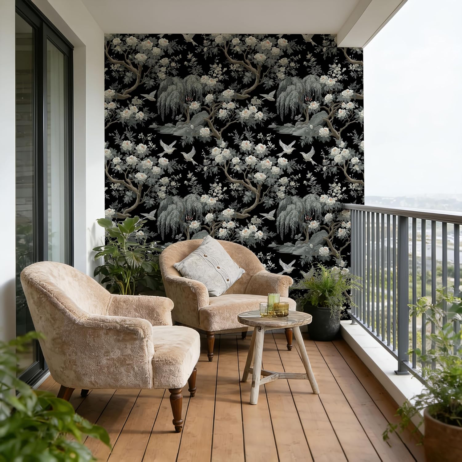 Black & Gray Chinoiserie Peel and Stick Wallpaper, Vintage Floral & Bird Pattern Wallpaper Elegant Oriental Style for Home Decor | 17.7" x 236", Self-Adhesive, Waterproof Vinyl