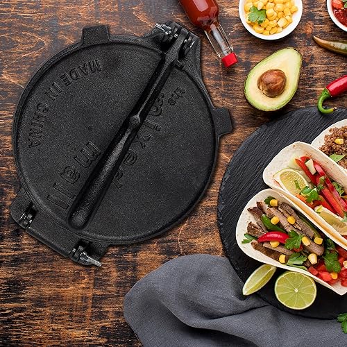 Miniatura 4 de Prensa para tortillas, máquina para hacer tortillas de hierro fundido pre-sazonado con mango y pasadores, plancha de prensa de tortillas de grado