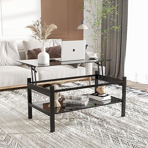 Miniatura 24 de Mesa de centro de cristal para sala de estar, mesa de centro de 2 niveles de mediados de siglo, mesa central con parte superior de vidrio templado