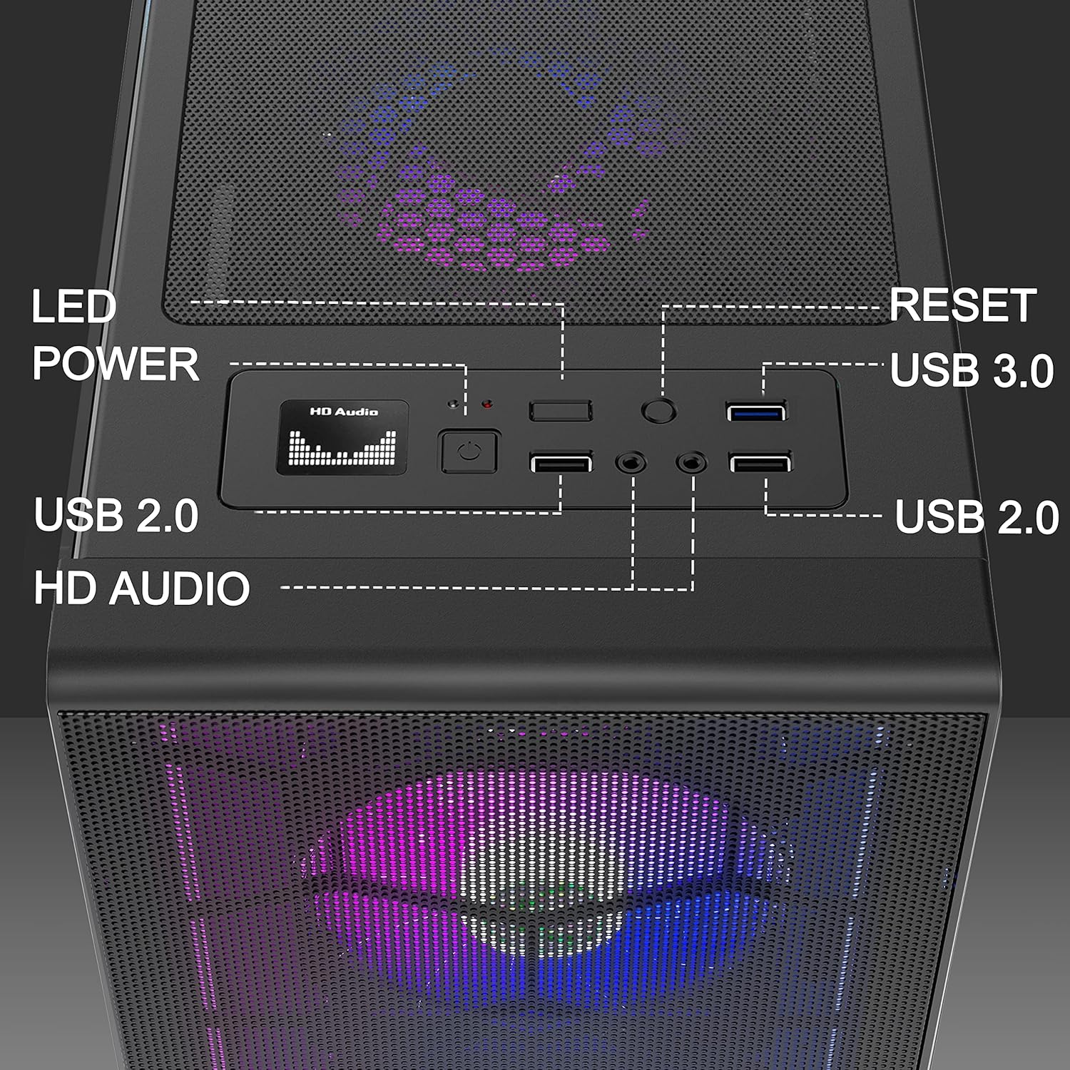 MUSETEX Mesh ATX Mid-Tower Computer Gaming Case with 6 PCS × 120mm LED ARGB Fans USB 3.0 Port Mesh Front Panel & Tempered Glass PC Chassis(G05MN6-HW)