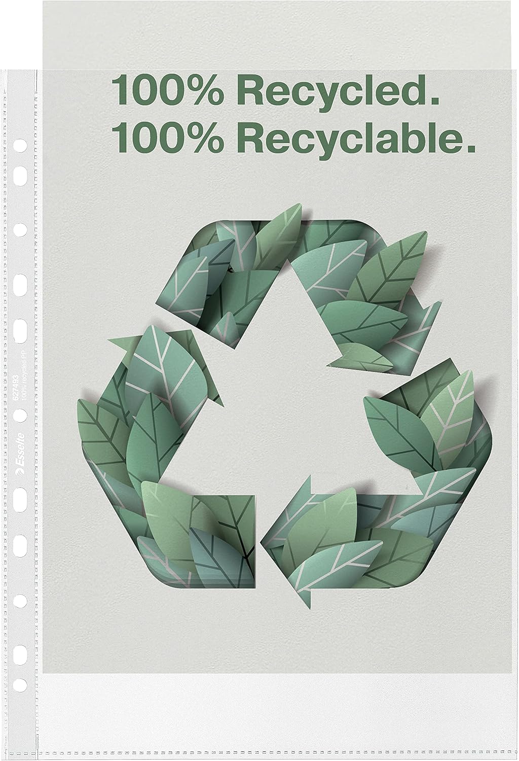 Esselte 100% Recycled A4 Pockets, Embossed Strong PP, 70 Micron, Plastic Punched Poly Pockets, Pack of 100, 627493