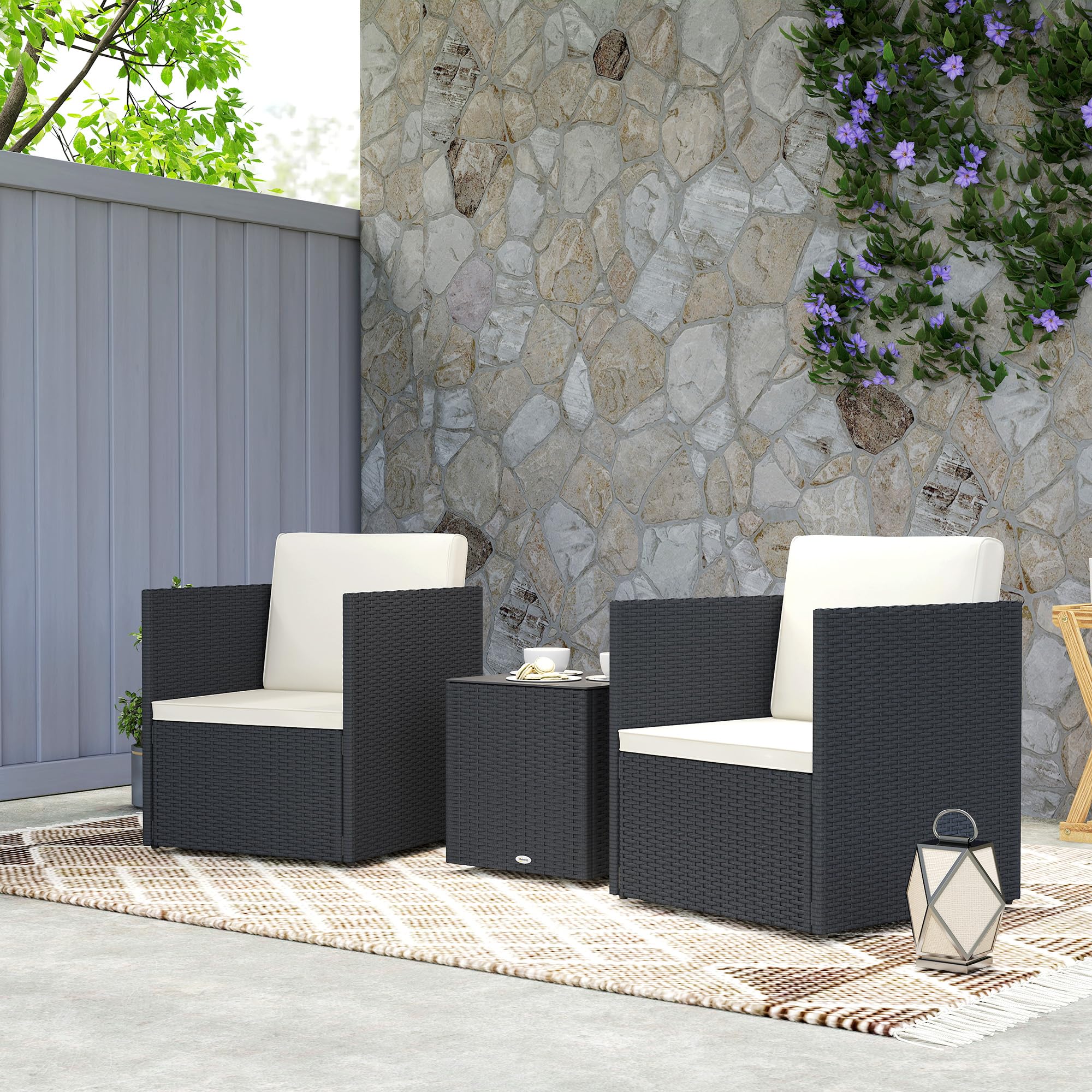 Juego de muebles de patio de 3 piezas, juego de bistró plegable de mimbre para exteriores con cojines lavables, patas ajustables y mesa de centro de cristal, fácil montaje para jardín, balcón 9