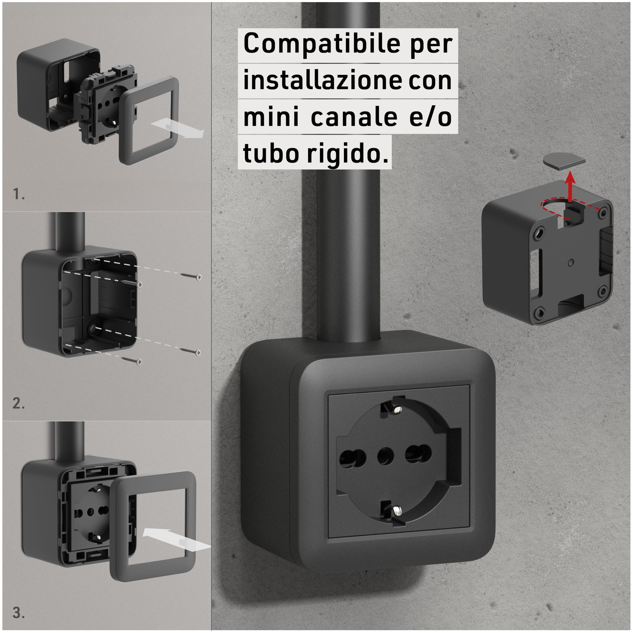 Electraline 60478 Contenitore da superficie FIXA con presa P40 (Schuko+10/16A), Nero, IP40, compatibile per installazione con tubo rigido e canalina