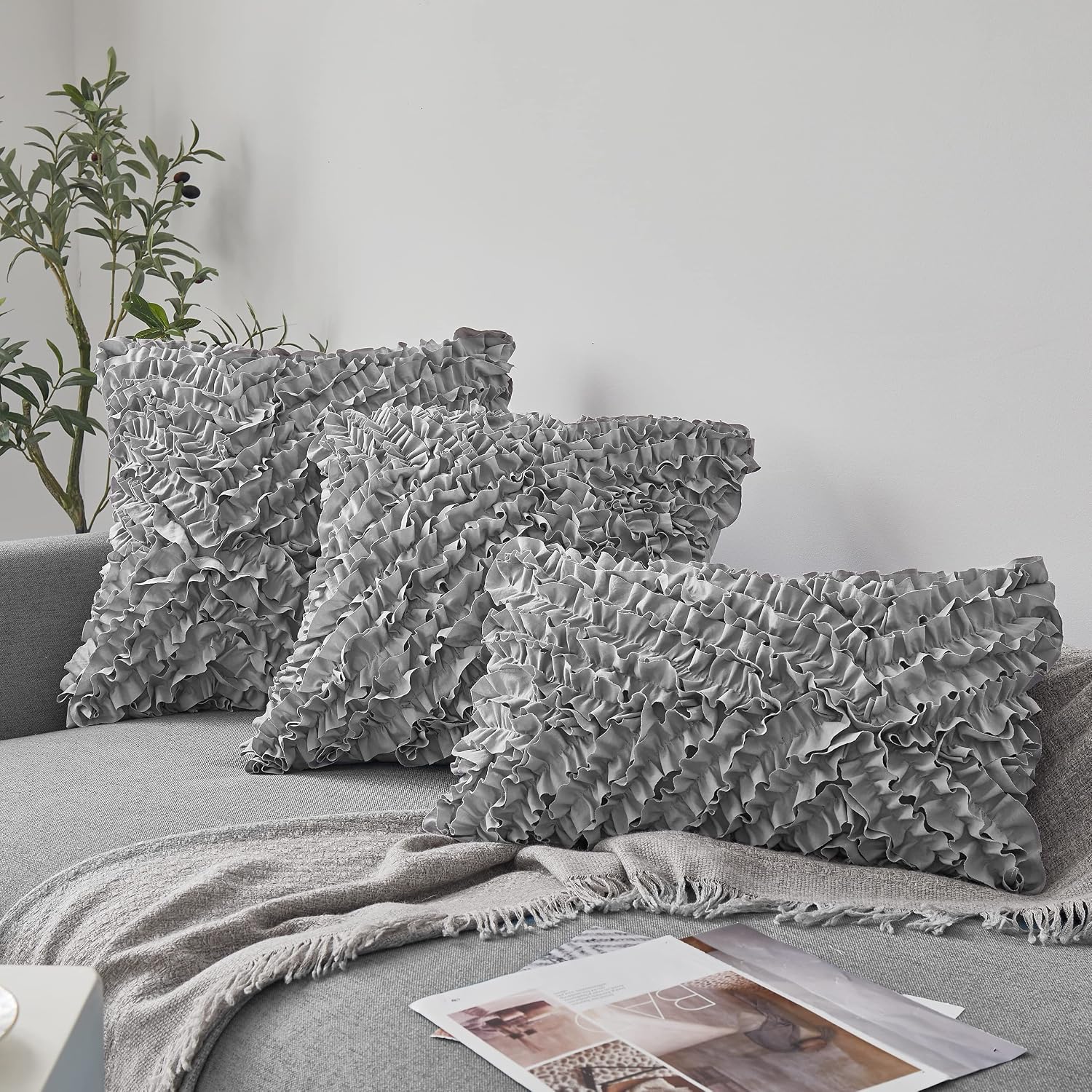 Oubonun 12 x 20 Decorative Throw Pillow Covers Boho Set of 2 - Farmhouse Floral Pillow Covers - Polyester Pillowcase with Zipper - Romantic Fluffy Soft Pillow Covers for Couch Sofa Bed(Grey)