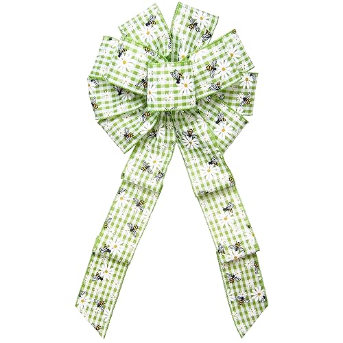 Miniatura 2 de 10" Lime Green Gingham Bees and Daisies Wreath Bow by Alpine Holiday Bows - Spring Bows for Wreaths, Lanterns, Signs, Gifts, Baskets, Decorations