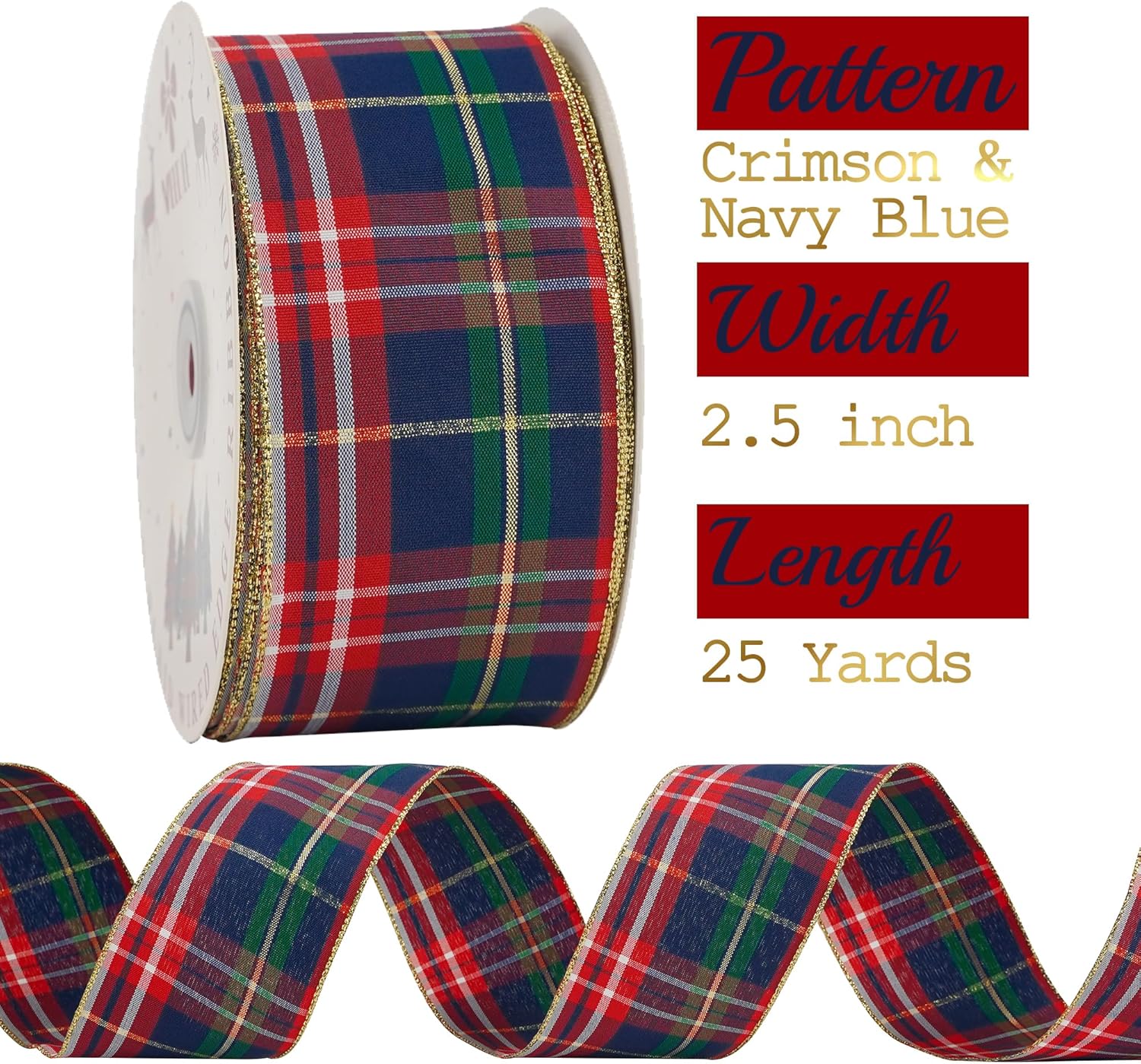 MEEDEE Tartan Plaid Wired Ribbon 2-1/2" Wide with 25 Yards Red Crimson & Navy Blue Scottish Plaid with Metallic Threads Ribbon for Christmas Tree, Wreaths, Bows, Gift Wrap, Weddings, Holiday Crafts