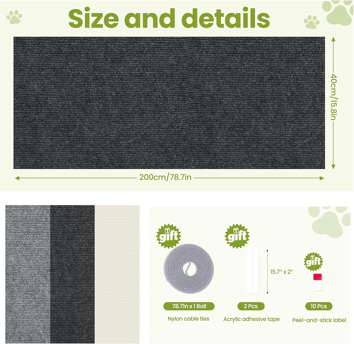 Cat Scratch Couch Furniture Protector, 78.7" x 15.8" Cat Scratcher Pad Deterrent from Cats Claws Scratching, DIY Sisal Carpet Cat Proof Couch Cover Replacement for Indoor Sofa, Wall, Door, Dark Grey