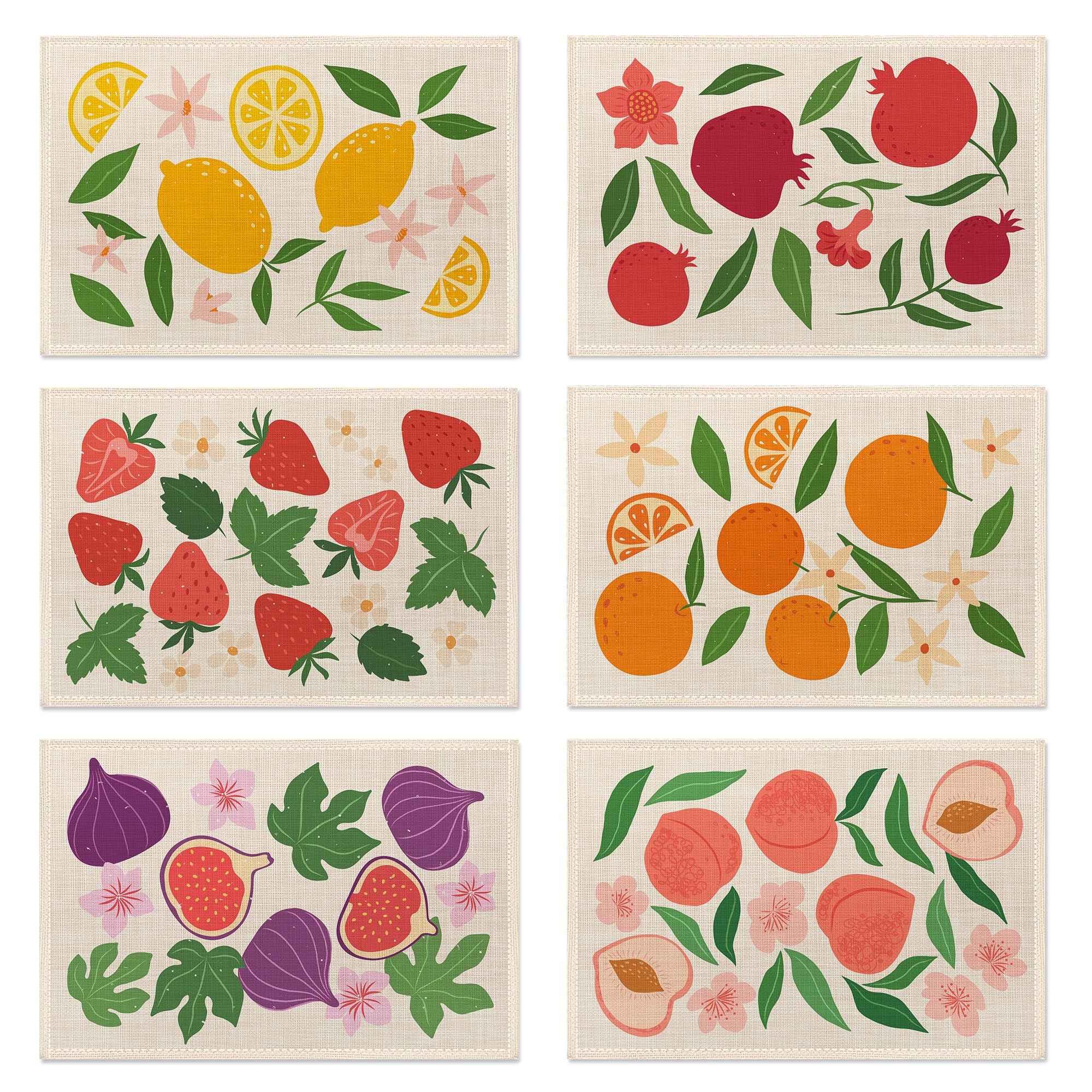 Tropical Fruit Placemats Set of 6, Boho Colorful Table Mats, Washable Heat Resistant 12×18 Inch Place Mats for Kitchen Dining Fun Decor