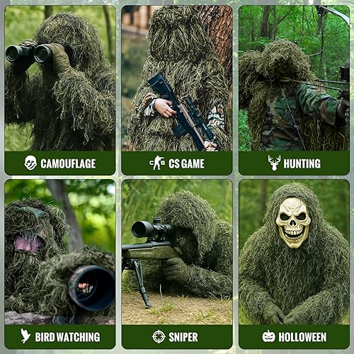 Miniatura 3 de Seeutek Traje Ghillie 6 en 1, ropa de caza de camuflaje 3D que incluye chaqueta, pantalones, capucha, bolsa de transporte y cintas de camuflaje