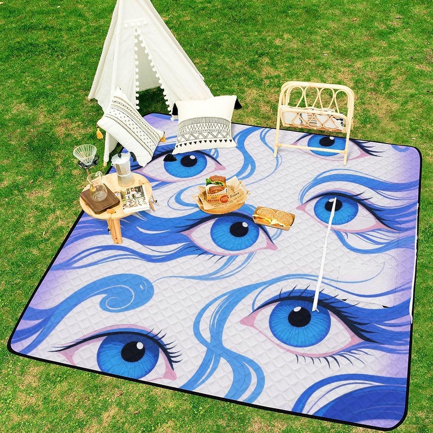 Funny Blue Eyes Picnic Blanket 200x200cm, Foldable 2-in-1 Picnic Mat and Tote Bag Portable Waterproof Beach Mat Sandproof Outdoor Blanket for Park, Hiking, Beach, Camping, Travel