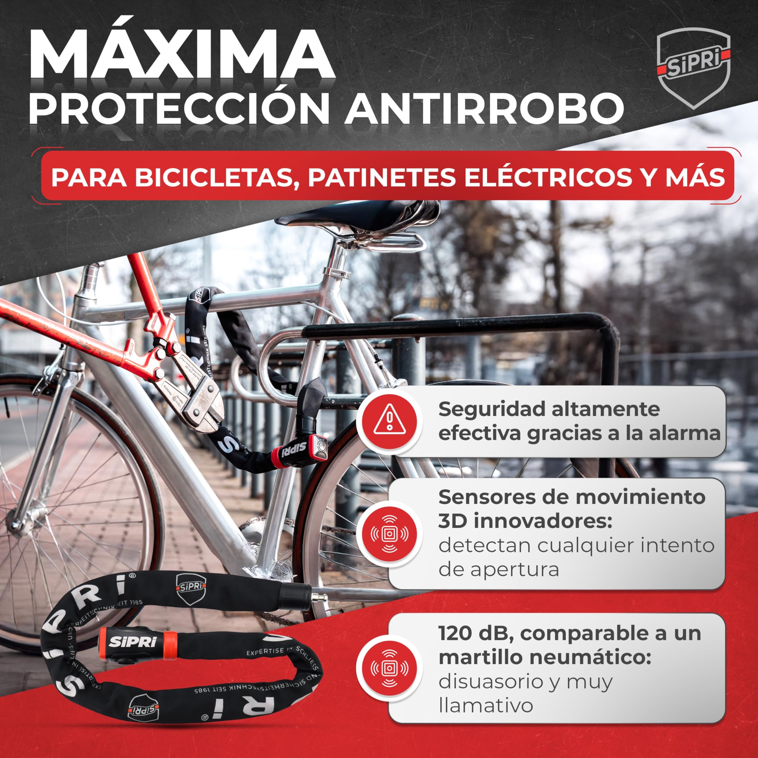Candado para bicicleta SIPRI® con alarma de 120 dB | Candado de cadena para bicicleta con alta seguridad para E-Bike, E-Scooter y motocicleta | 8 mm de acero, resistente a la intemperie, robusto y