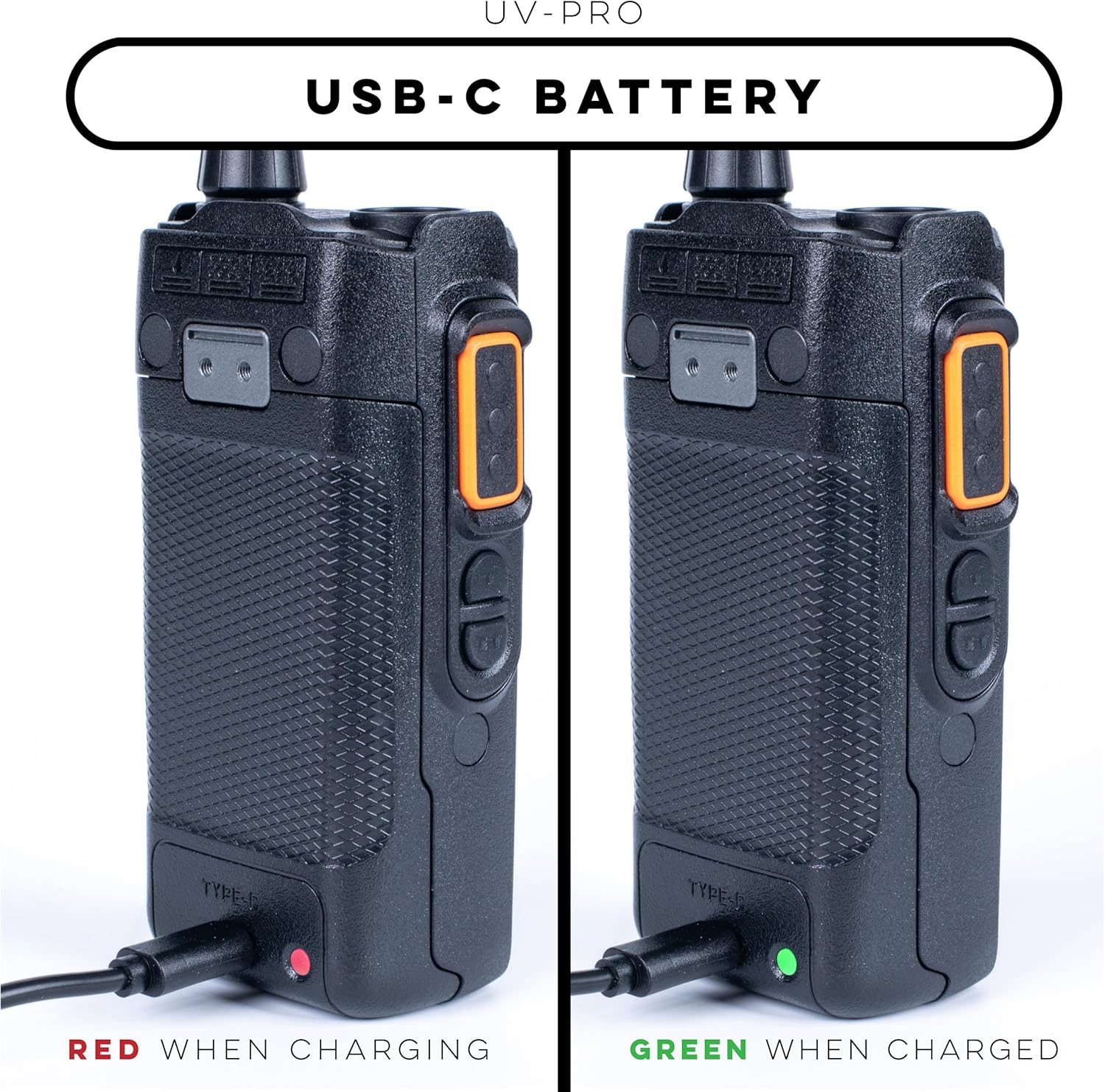 BTECH UV-PRO radio showing the USB-C charging port with red and green indicator lights for charging status.