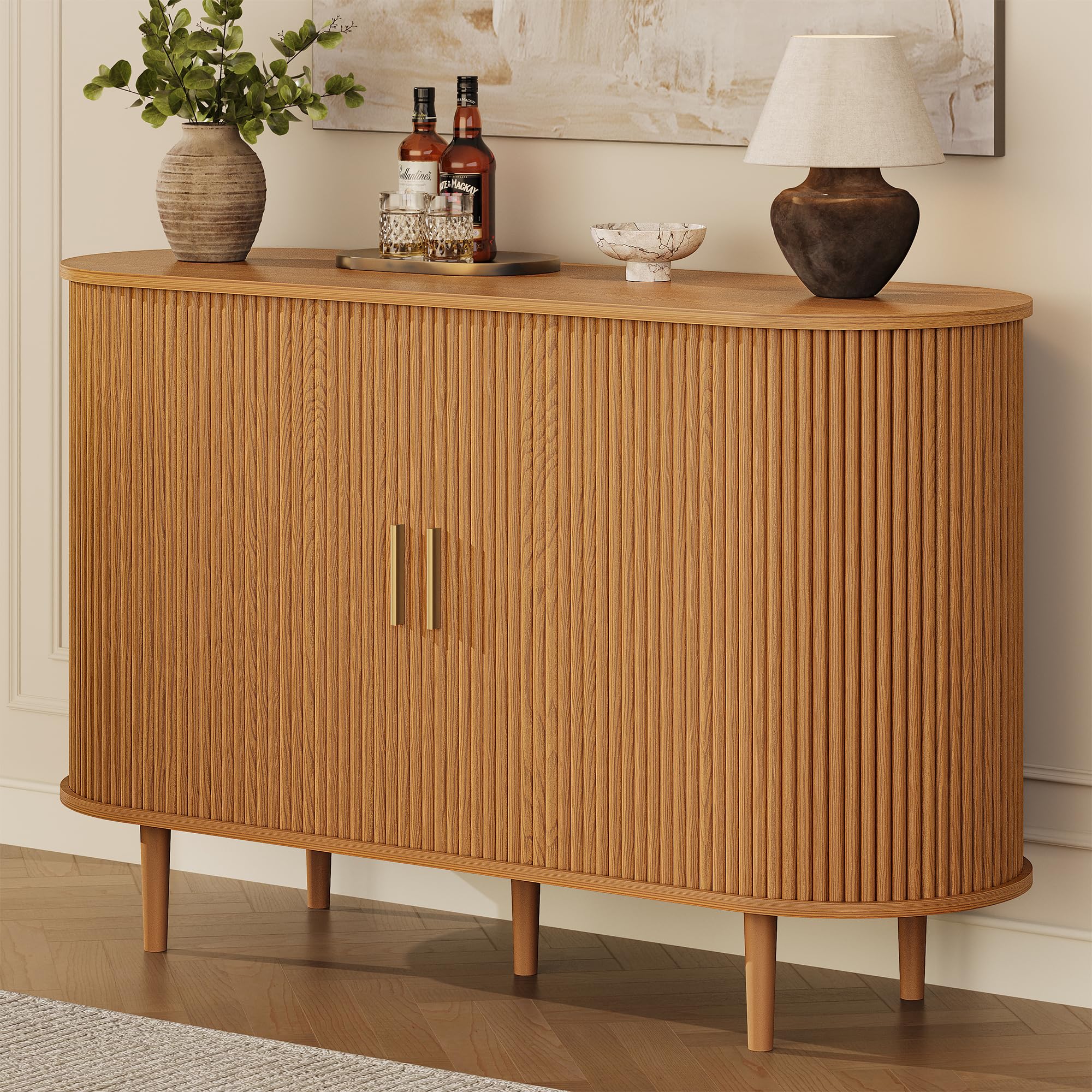 DHH 47.2" Sideboard Buffet Cabinet with Storage,Mid Century Modern Fluted Accent Coffee Bar Console Table,Tambour Sliding Doors&amp; Adjustable Shelf for Kitchen, Living Room, Entryway (Yellow Oak)