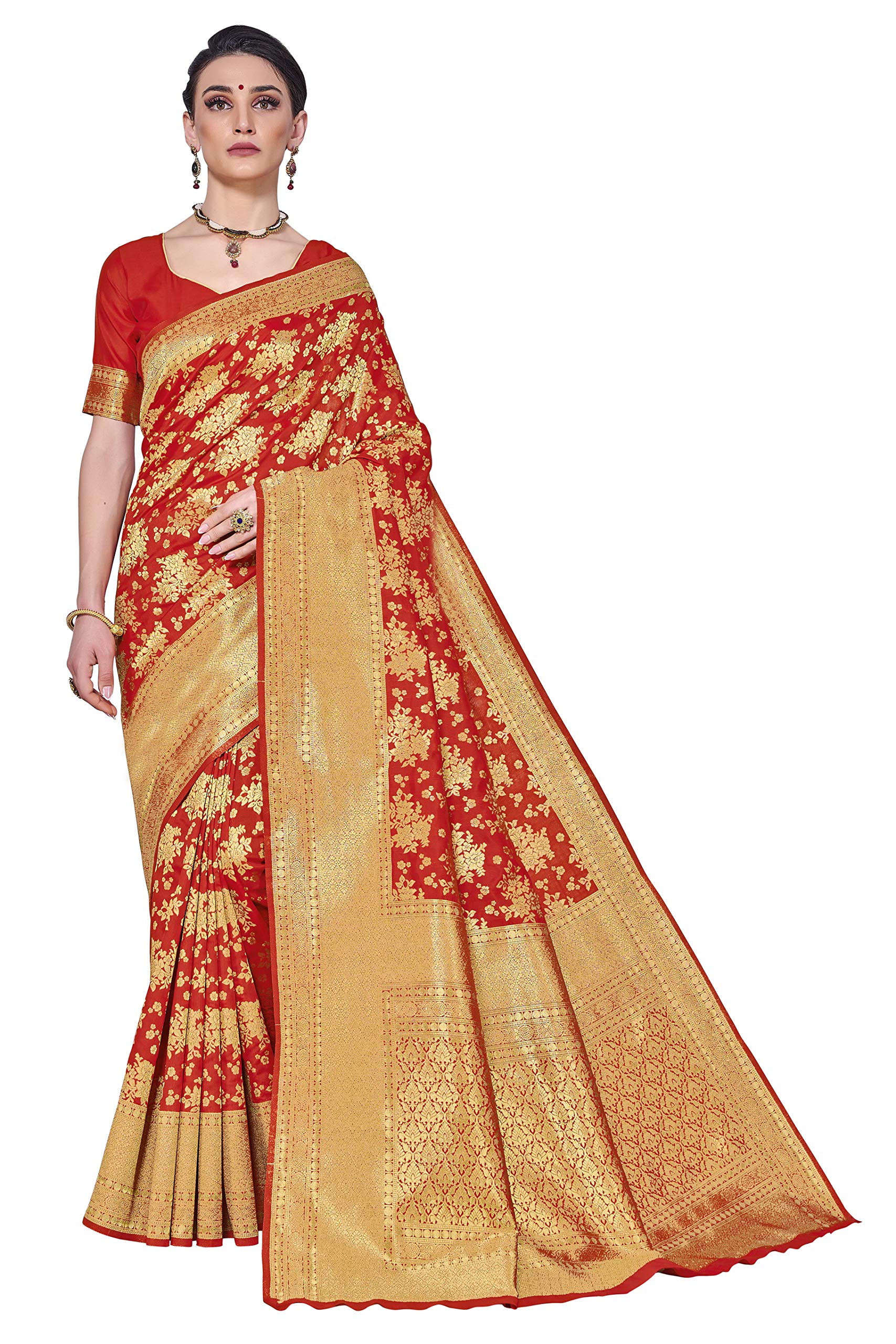 Glory Sarees Womens Banarasi Silk Saree With Blouse Piece (Gs_Kara144_Red)