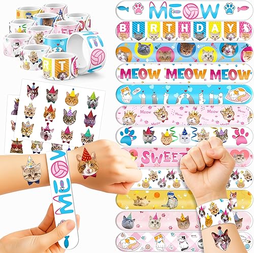48 piezas de recuerdos de fiesta de gatos, 24 tatuajes, 24 pulseras de bofetada, regalos ideales para gatitos temáticos de niños, suministros de