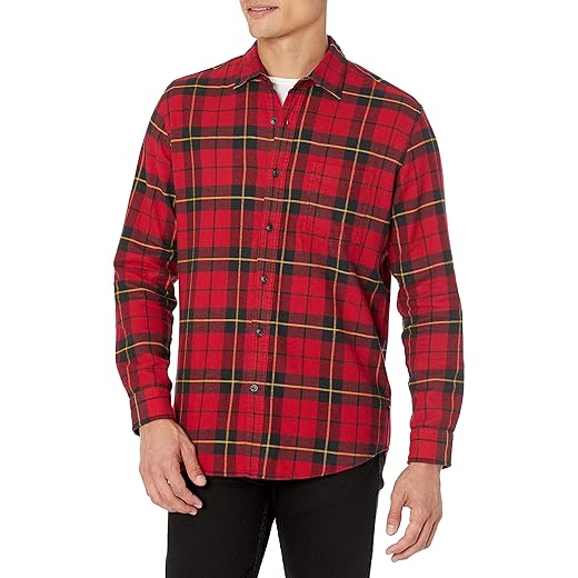 Amazon Essentials Men's Long-Sleeve Flannel Shirt (Available in Big & Tall), Red Yellow Large Plaid, Medium