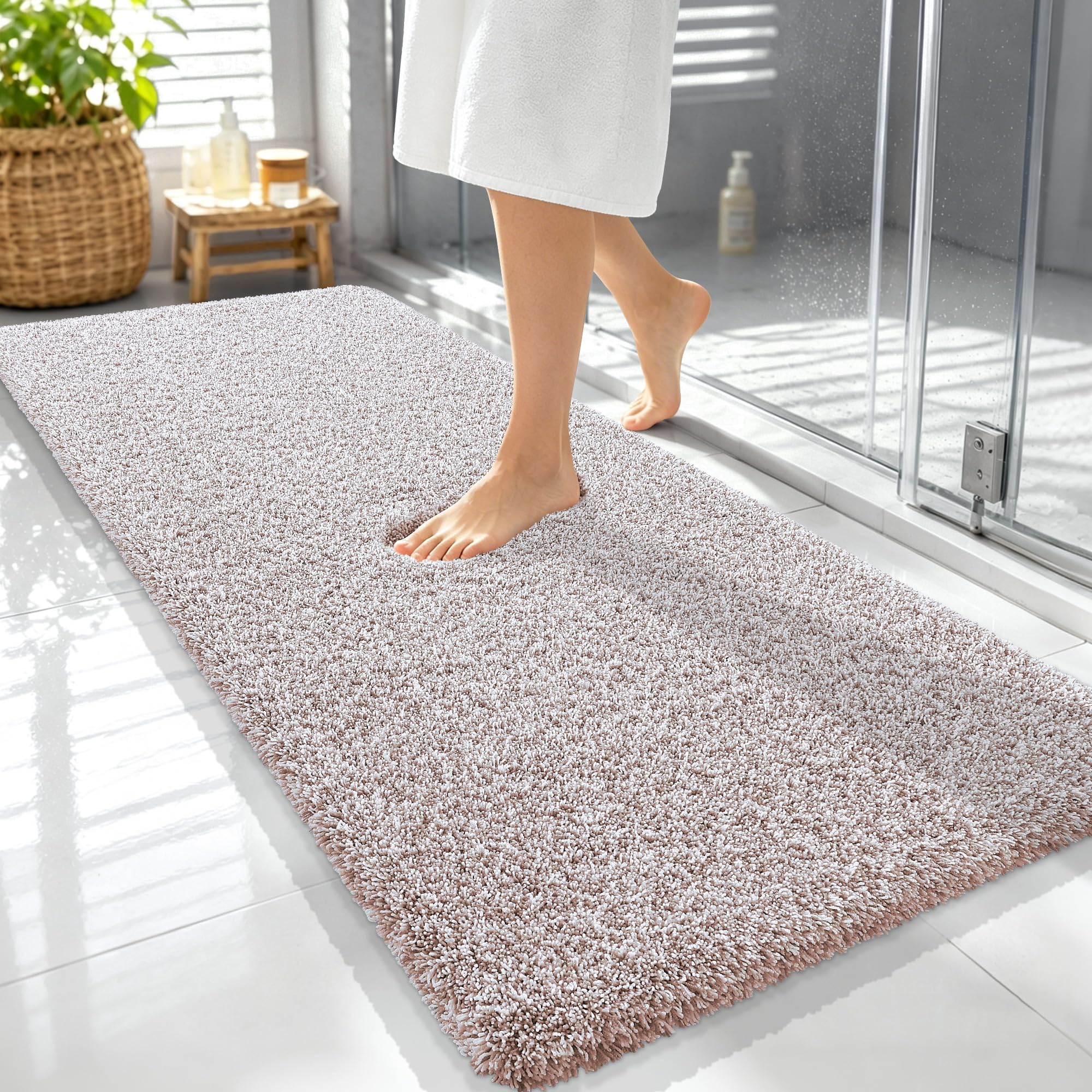 OLANLY Microfiber Bath Rugs - Deep Rose & White -9