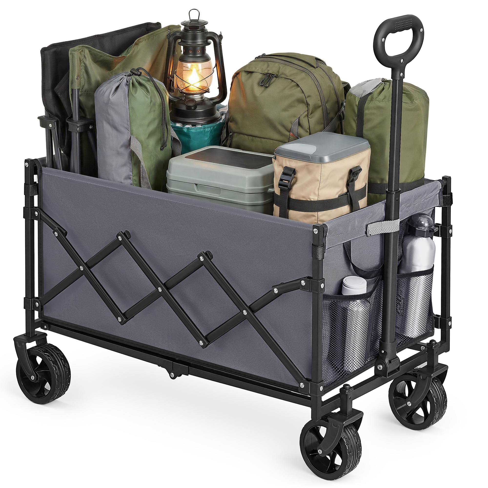 SONGMICS Festival Trolley on Wheels, Foldable Camping Cart, Pull Garden Wagon, Adjustable Handle, 4 Reinforced Wheels, Outdoor, Yard, Loads Up to 150 kg, 150 L, Dove Grey GFW150GD01
