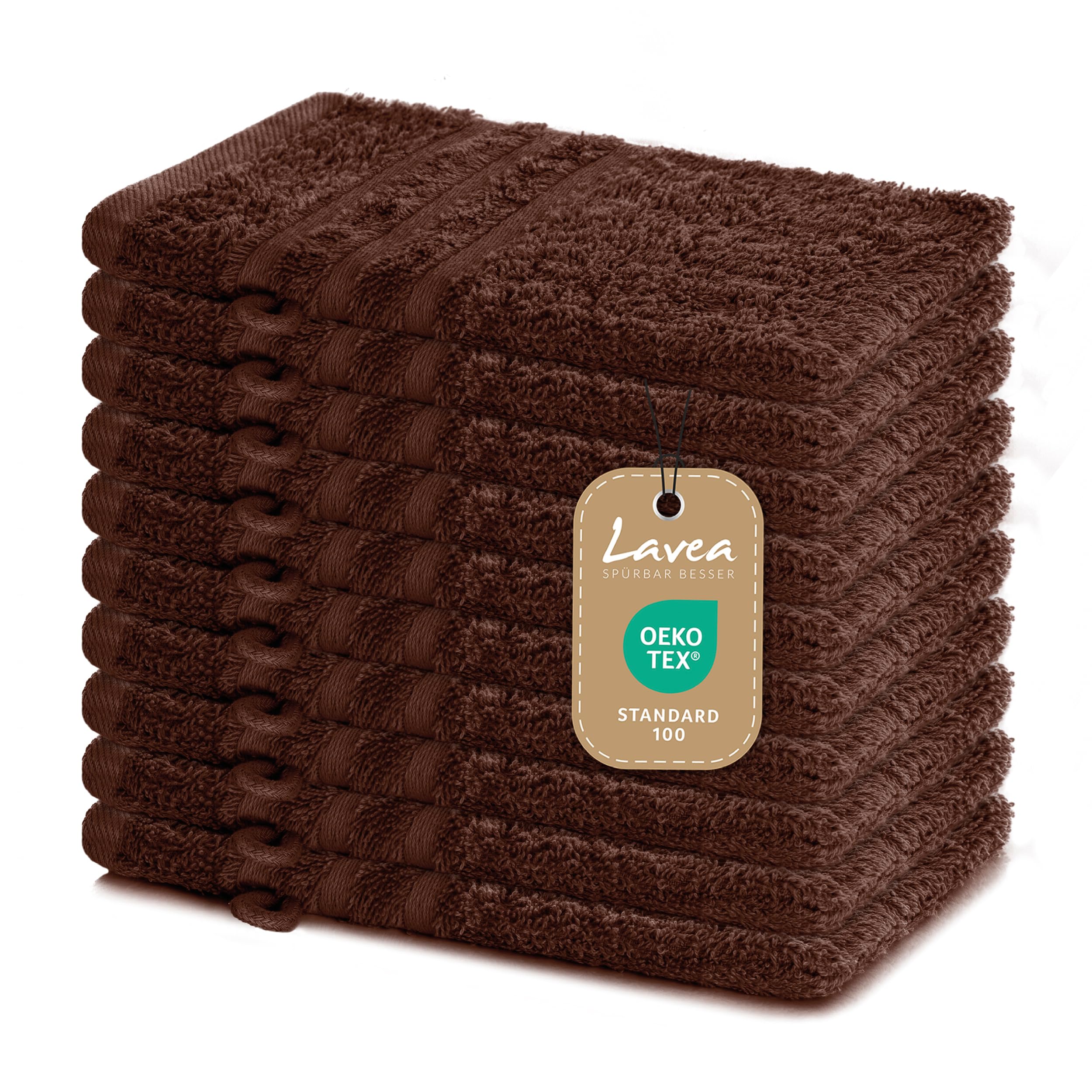 Lavea® Set of 10 Wash Mitts 15 x 21 cm - Wash Mitts Made of 100% Cotton, Soft Terry Cloth Wash Cloth, Absorbent, Skin-Friendly, Washable and Durable - Elena Terry Series - Coffee Brown