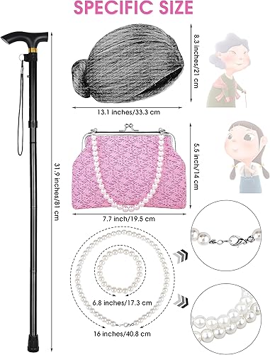 Miniatura 3 de SOMSOC Disfraz de anciana para niñas, 14 piezas, accesorios para disfraz de abuela, peluca de abuelita, disfraz de Halloween, cosplay